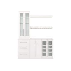 a white cabinet with glass doors and shelves