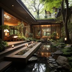 the inside of a house with a pond and steps leading up to it's roof