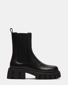 CHARGES Black Leather Platform Bootie | Women's Booties Women's Booties, Steve Madden Store, Apparel Merchandising, Ankle Boots Flat, Leather Chelsea Boots, Crazy Shoes, Chelsea Boot, Lug Sole, Bootie