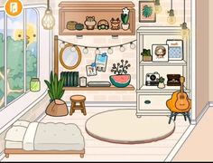 the room is decorated in cartoon style with furniture and decorations on the walls, along with a guitar