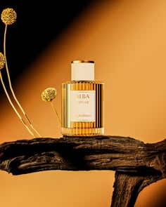 a bottle of perfume sitting on top of a wooden branch