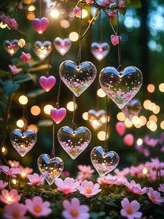 heart shaped glass ornaments hanging from a tree with pink flowers in the foreground and boket lights behind them