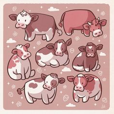 a group of cows standing next to each other on a pink background