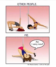 a woman is doing pole dancing on the floor with her feet in the air and another cartoon