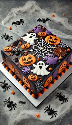 a cake decorated with halloween decorations on top of a white table covered in spider webs