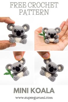 a crocheted koala bear is shown in three different pictures