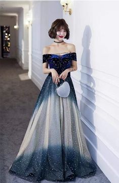 Blue Off-shoulder Evening Dress For Prom, Blue Off-shoulder Prom Evening Dress, Blue Off-shoulder Party Evening Dress, Dresses Fantasy Gowns, Off Shoulder Party Dress, Prom Night Dress, Starry Night Dress, Blue Prom Dress, Purple Birthday