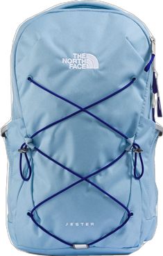 the north face backpack is blue and has two straps on each side, with an attached pocket