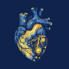 a blue and yellow drawing of a human heart