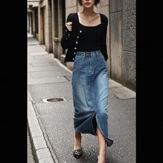 Lasaky – Sleek and Sleeveless Fashion Retro High-Waisted Denim Jumpsuit – Lasaky Fashion Boutique Midi Skirt Denim, Long Winter Dresses, Long Beach Skirt, Denim Bodycon Skirt, A Line Denim Skirt, High Waisted Denim Skirt, Pencil Silhouette, Distressed Denim Skirt, Trendy Denim