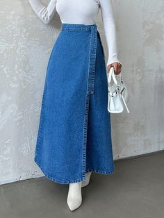 High Waisted Wrap Around Knot Denim Skirt Blue Casual   Denim Plain A Line,Wrap Non-Stretch  Women Clothing, size features are:Bust: ,Length: ,Sleeve Length: Wrap Skirt Outfit, Denim Wrap Skirt, Jean Skirts, Denim Skirt Outfits, Denim Skirt Women, Jeans Rock, Maxi Skirts, Inspiration Mode, Casual Denim