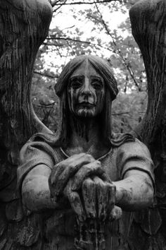 an angel statue with its arms crossed in front of it's face and wings