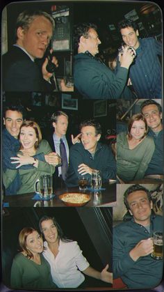 a collage of people posing for pictures at a table with pizza and beer in front of them