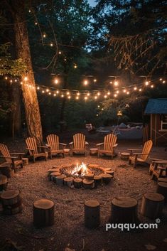 a fire pit surrounded by chairs and lights