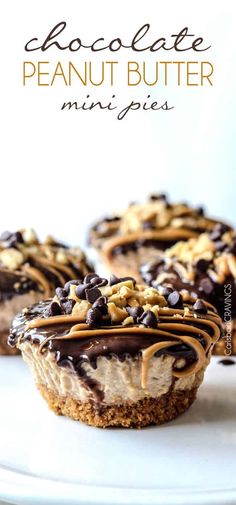 three chocolate peanut butter mini pies on a white plate with the title above it