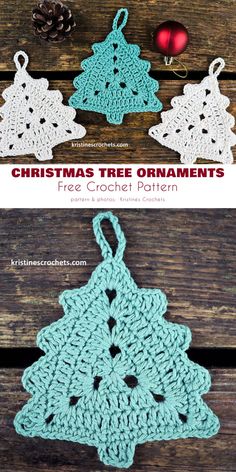 crocheted christmas tree ornament is shown in three different colors and sizes