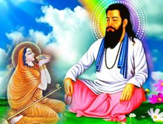 an image of the god sitting in front of a rainbow colored sky with clouds and flowers