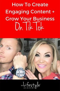 a man and woman with the text how to create engaging content grow your business on tik - it