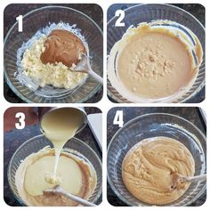 the steps to making peanut butter pies are shown in four different stages, including mixing