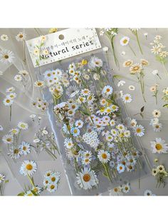 white daisies and other flowers are in the package