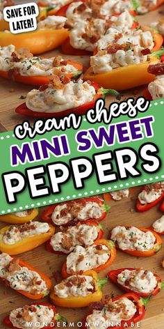 mini sweet peppers are stuffed with cream cheese and other toppings for a delicious appetizer