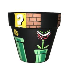 a flower pot is painted with different designs