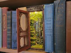 an open book shelf with books on it and a window in the middle that looks out onto a lush green forest