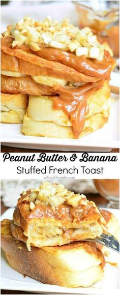 two different views of pancakes with peanut butter and banana stuff on top, the same one is