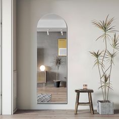 a mirror sitting next to a potted plant on top of a wooden table in front of a white wall