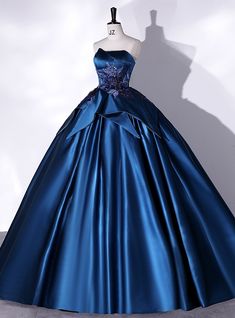 Navy Blue Satin Strapless Appliques Quinceanera Dress Blue Satin Prom Dress, Princess Era, High Low Evening Dresses, Blue Aura, Spaghetti Strap Prom Dress, Prom Dresses Sleeveless, Quinceanera Dress, Tulle Ball Gown, Ball Gowns Evening