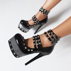 Shop Black Rivet Platform Stiletto Heels Rhinestones Gothic Strappy Shoes color Black for Night Club, Party, Red Carpet with worldwide Free shipping & Free return. High Heels For Men, Heels For Men, Platform Stiletto Heels, Men High Heels, Strappy Shoes, Black Platform Heels, Ladies Boots, Boots Knee High, Shoes Heel