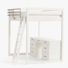 a white bunk bed with a desk underneath it and a ladder leading up to the top