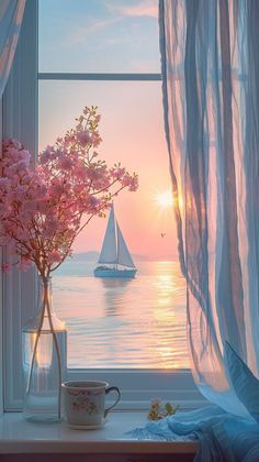 a vase with pink flowers and a sailboat in the water out front of a window