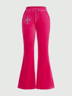 Hot Pink Flare Pants, Shein Bottoms, Pink Flare Pants, Velvet Bell Bottoms, Hot Pink Pants, Velvet Flares, Streetwear Mode, Rhinestone Decor, Flare Leg Pants