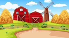 a farm scene with red barns and windmill