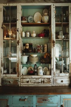 an old china cabinet filled with dishes and pans