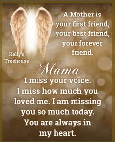 two angel wings with the words mama and i miss you in each other's heart