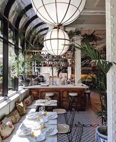 a restaurant with tables, chairs and plants