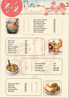 a menu with different foods and drinks on it