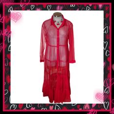 Red Tiered Sheer Tulle Maxi Shirtdress Nwot Cool, Goth Style Sheer Tulle Maxi Shirt Dress Can Be Worn As A Dress Or Open As Duster *** Runs Small Check Measurements Below *** Choose: 2x Or 3x Collared, Button Up Front Tiered Bodice Long, Button Cuff Sleeves Size: 2x Bust: 38" Waist: 36" Hip: Up To 54" Length: 54" N: 1566 Size: 3x Bust: 44" Waist: 42" Hip: Up To 56" Length: 54" N: 1568 New, Never Worn Without Tag Thrifting Ideas, High Low Chiffon Dress, Floral Beaded Dress, Burgundy Formal Dress, Hawaiian Maxi Dress, Roxy Dress, Cheetah Dress, Halter Top Dresses, Goth Style