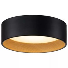 a black and wood ceiling light with dimmer on the bottom, in an oval shape