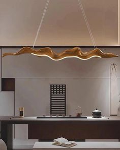 a modern light fixture hanging over a kitchen counter