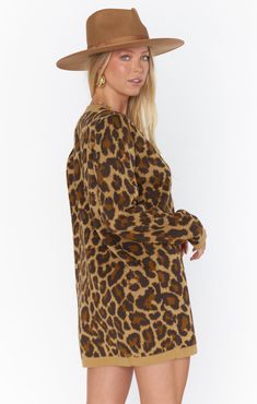 Take on the country club in this leopard sweater mini dress.This features a deep v neckline and ribbed detailing with two tone color blocking. Transition with boots or bring on the sunshine in your favorite platform sneaks! Sweater Mini Dress, Dress Leopard, Leopard Sweater, The Sunshine, Country Club, Deep V, Color Blocking, Two Tone, Sweater Dress