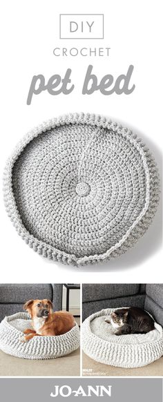 the crochet pet bed is made from yarn and has a cat sleeping on it