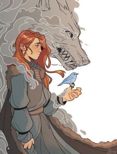 a woman with red hair holding a blue bird next to a wolf's head