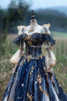 Royal Blue Victorian Dress, Celestial Fantasy Outfit, Sea Blue Prom Dress, Moon Themed Dress, Fantasy Ball Gowns Goddesses, Moon Dress Aesthetic, Blue Dress Aesthetic Royal, Galactic Glam Outfit, Moon Dress Gowns