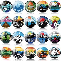 a bunch of badges that are in the shape of mountains and trees with words on them