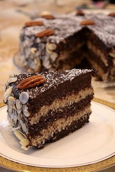 a piece of cake on a plate with pecans and powdered sugar around it