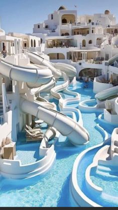 a water slide in the middle of a swimming pool