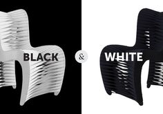 two black and white chairs sitting side by side with the same design on each one